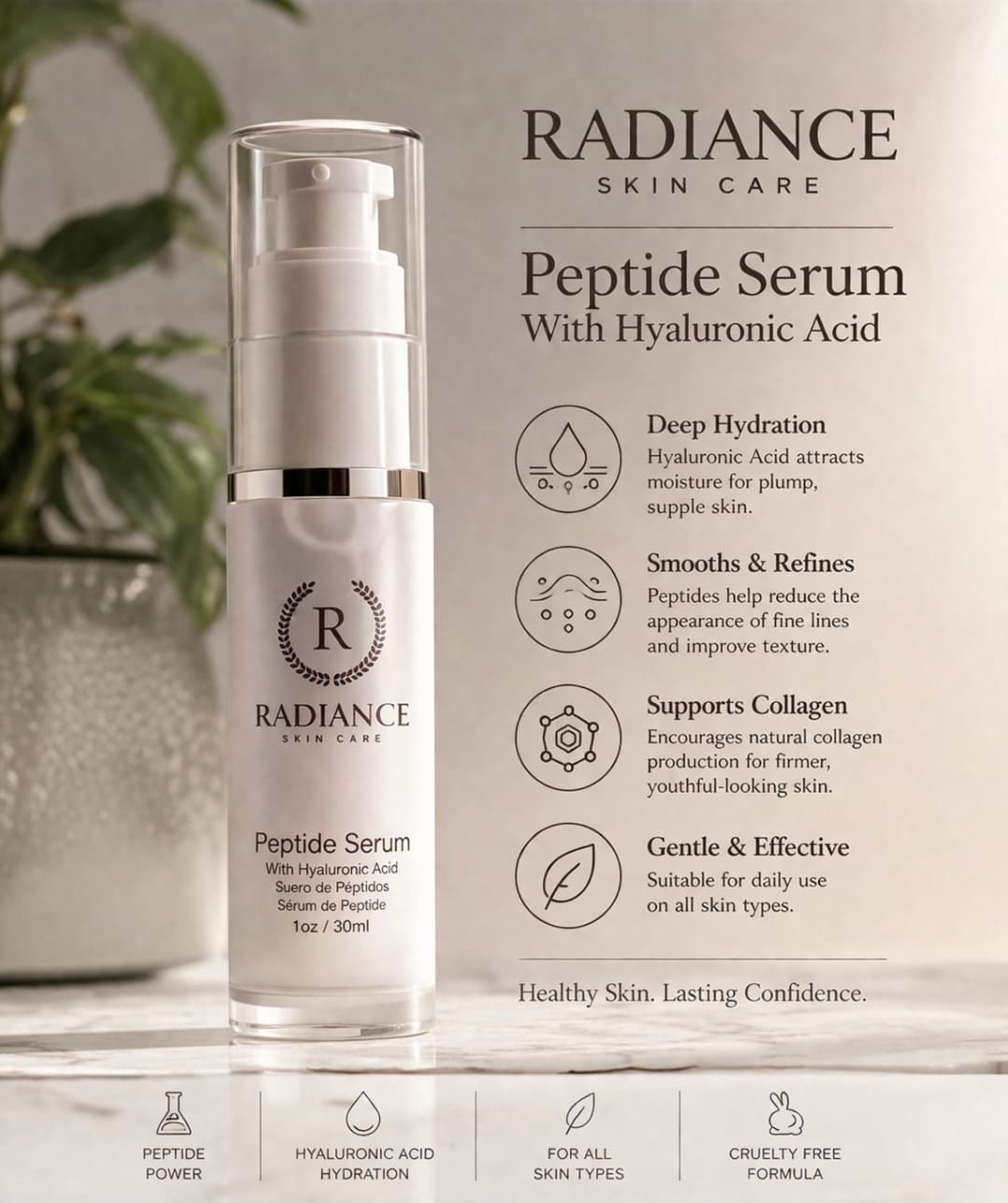Radiance Peptide Serum with Hyaluronic Acid — clinical benefits breakdown showing deep hydration, smoothing, collagen support, and gentle daily-use formula