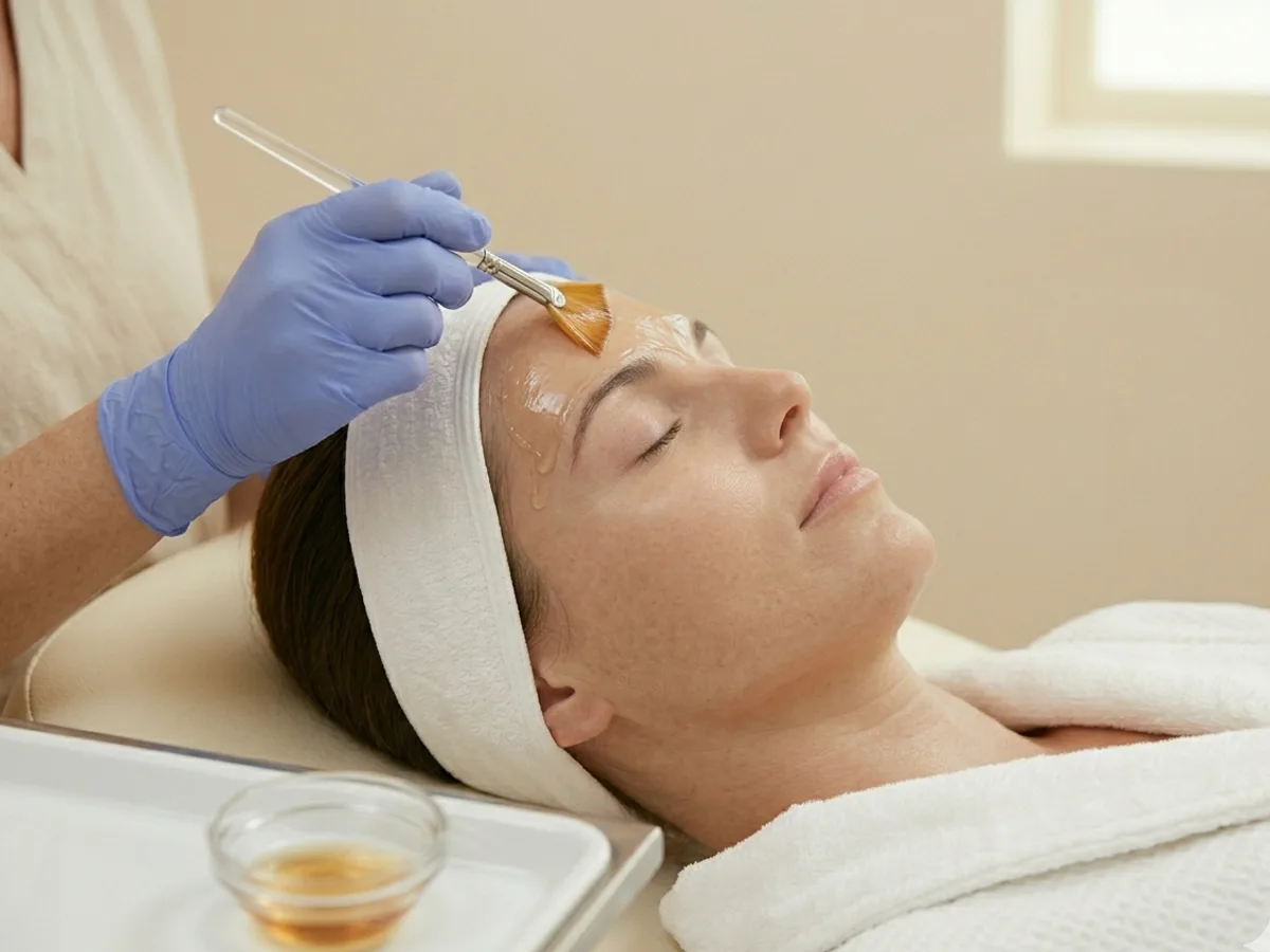 Fan brush applying a chemical peel solution to the forehead at 360 Radiance