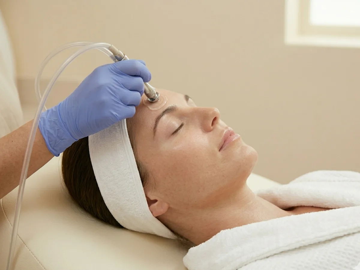 HydraFacial vortex-fusion handpiece delivering serum to the forehead at 360 Radiance